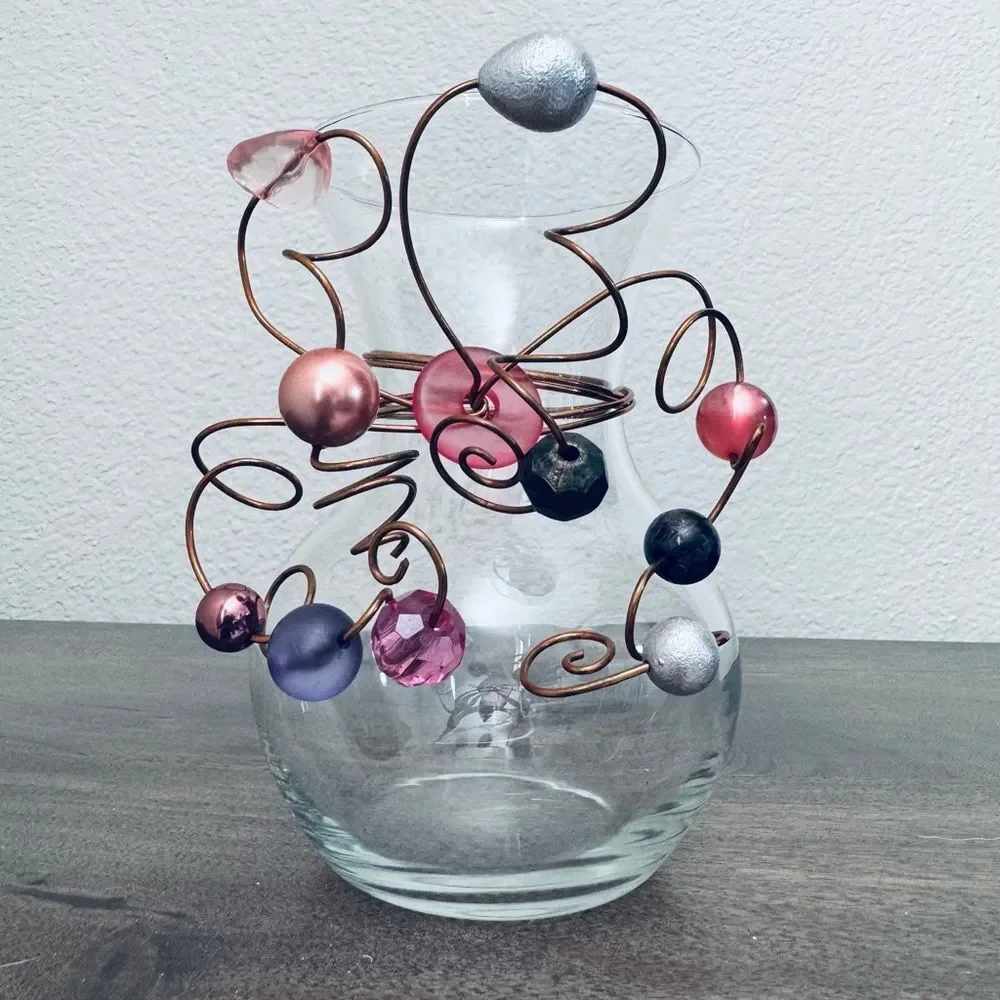 Cooper Wire Wrapped Glass Vase Pink Beads